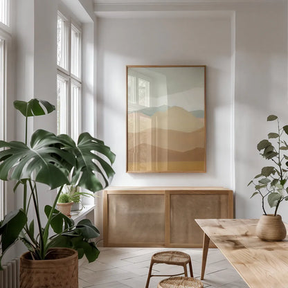Mirage II Crop by Danhui Nai. shown as a print in a natural wood frame in a dining room. Available as a archival giclee rolled canvas, fine art paper, or poster print. SKU 57237h.
