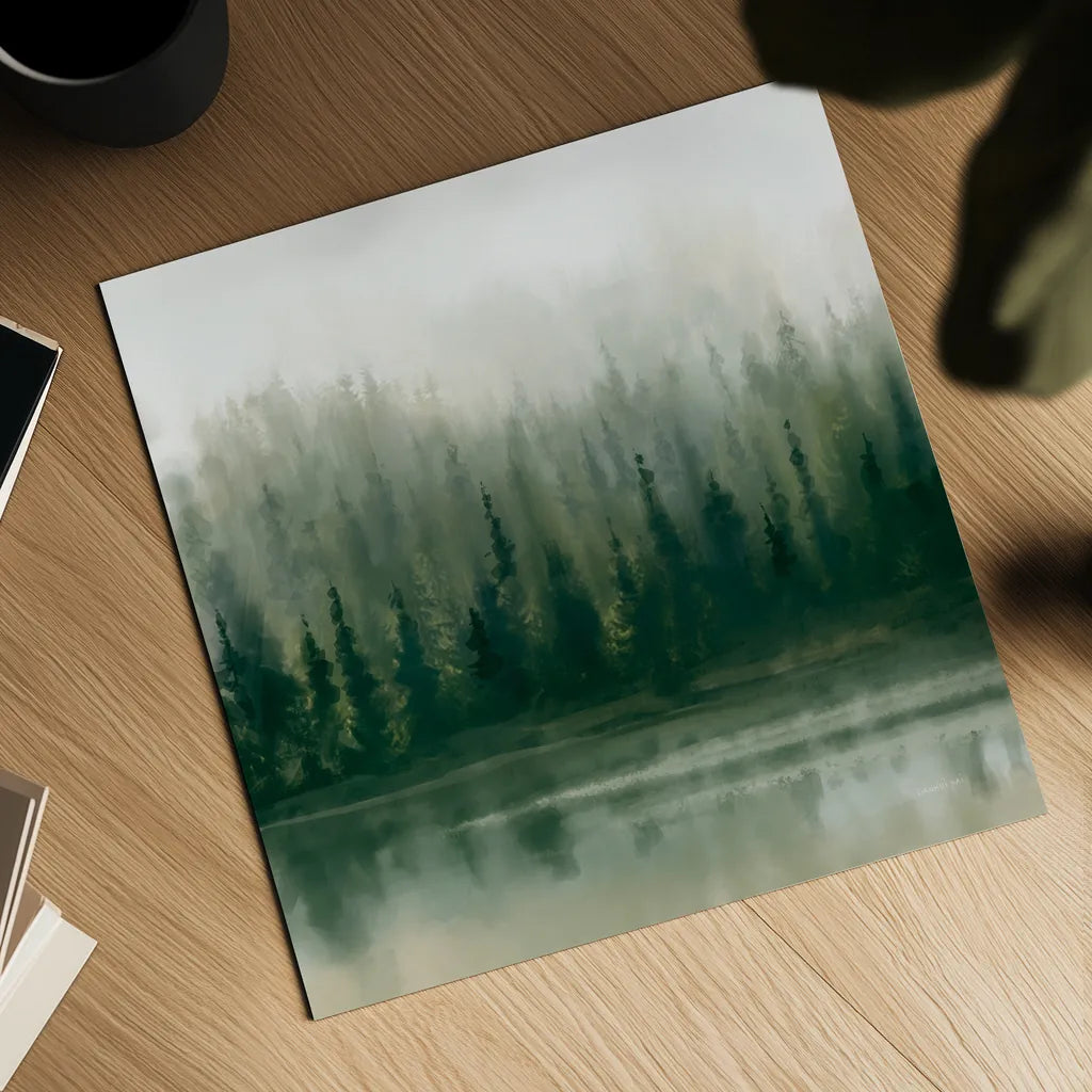 Misty Forest Evergreen by Danhui Nai. Shown as a detailed flat fine art print, highlighting archival giclee quality. Available as an archival giclee rolled canvas, fine art paper, or poster print. SKU 96649a.
