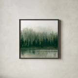 Misty Forest Evergreen by Danhui Nai. Shown in a sleek black glass frame for a contemporary gallery look. Available as an archival giclee rolled canvas, fine art paper, or poster print. SKU 96649a.