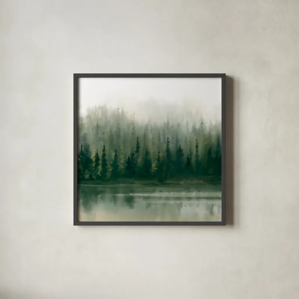 Misty Forest Evergreen by Danhui Nai. Shown in a sleek black glass frame for a contemporary gallery look. Available as an archival giclee rolled canvas, fine art paper, or poster print. SKU 96649a.
