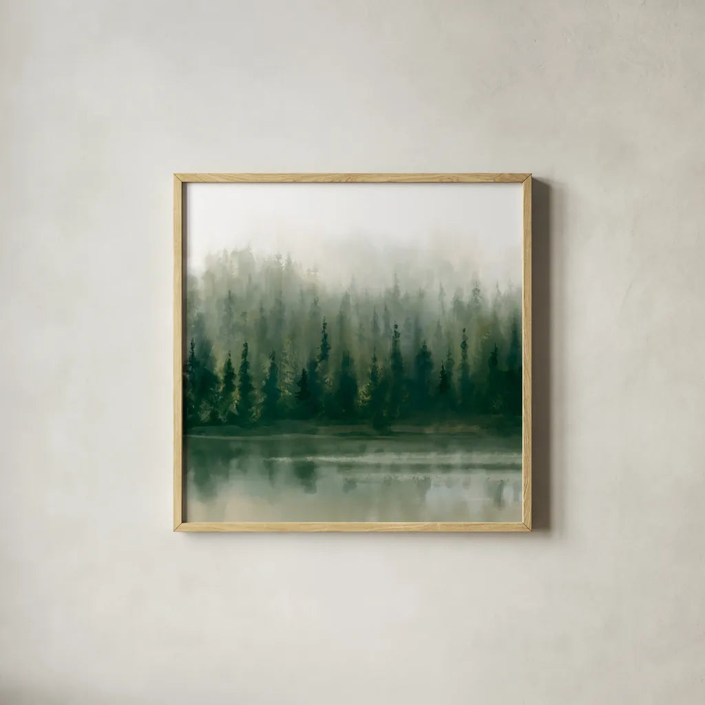 Misty Forest Evergreen by Danhui Nai. Shown in a natural wood glass frame for a timeless modern aesthetic. Available as an archival giclee rolled canvas, fine art paper, or poster print. SKU 96649a.