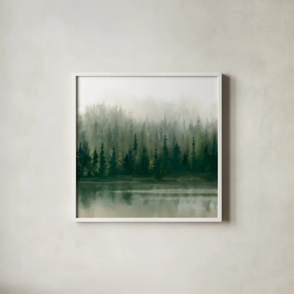 Misty Forest Evergreen by Danhui Nai. Shown in a crisp white glass frame for a clean and minimalist style. Available as an archival giclee rolled canvas, fine art paper, or poster print. SKU 96649a.
