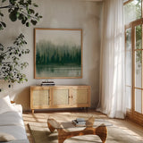 Misty Forest Evergreen by Danhui Nai. Shown in a natural wood frame in a cozy modern living room. Available as an archival giclee rolled canvas, fine art paper, or poster print. SKU 96649a.