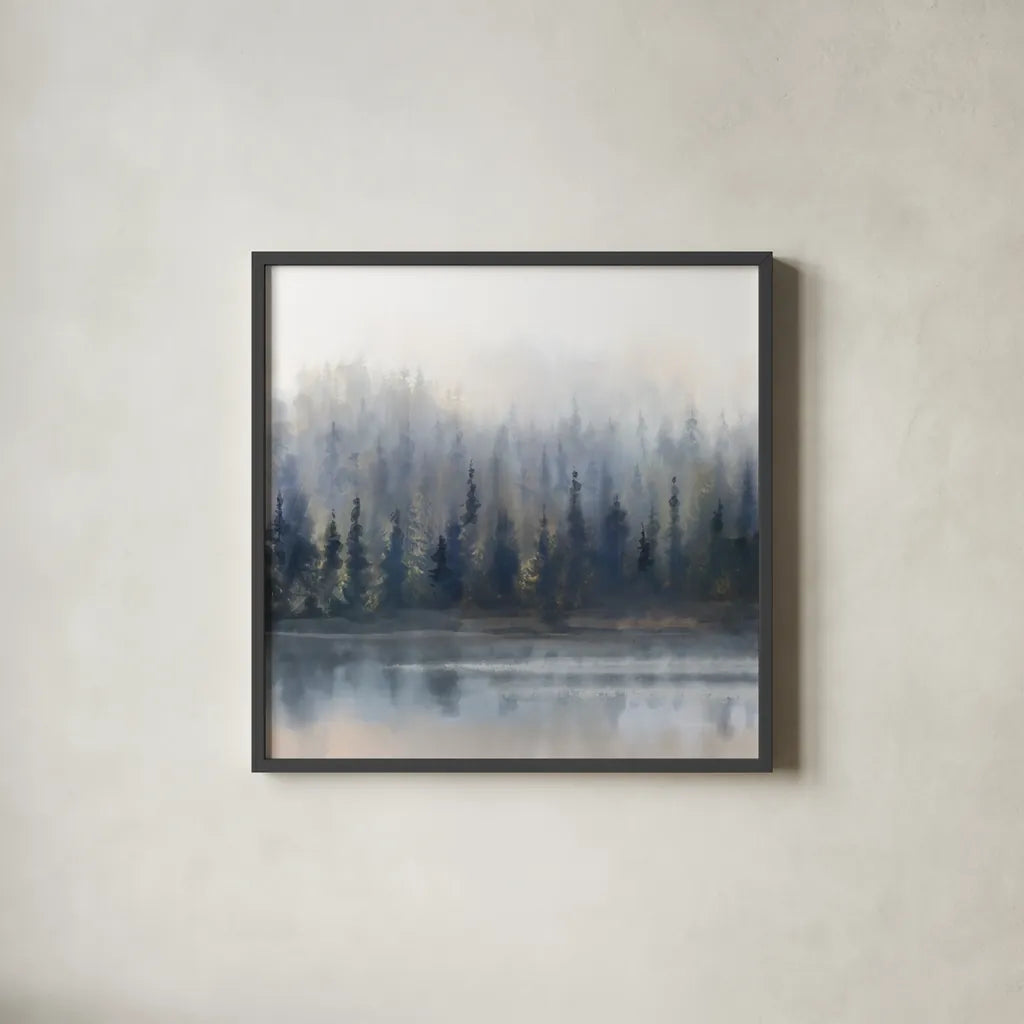 Misty Forest in Gray and Gold by Danhui Nai. Shown in a sleek black glass frame for a contemporary gallery look. Available as an archival giclee rolled canvas, fine art paper, or poster print. SKU 88416a.