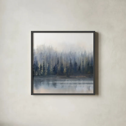 Misty Forest in Gray and Gold by Danhui Nai. Shown in a sleek black glass frame for a contemporary gallery look. Available as an archival giclee rolled canvas, fine art paper, or poster print. SKU 88416a.