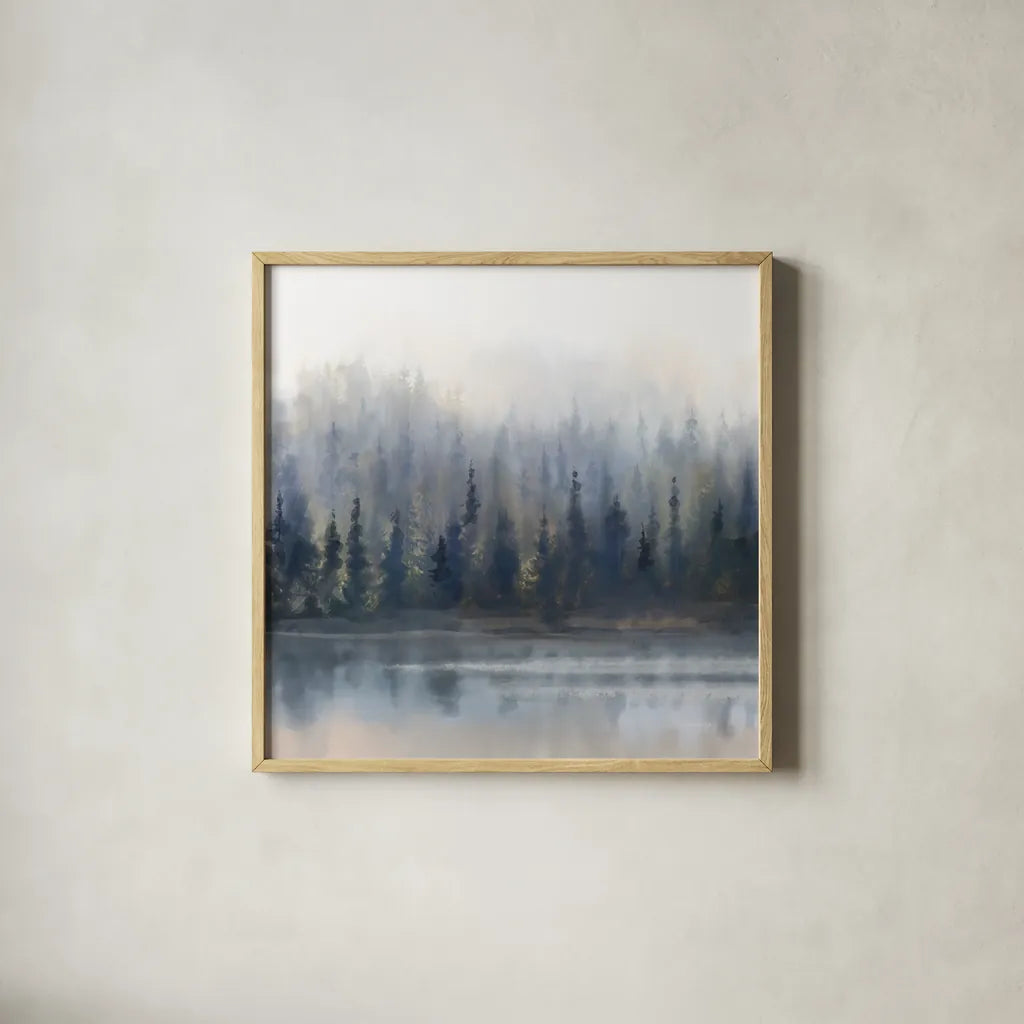 Misty Forest in Gray and Gold by Danhui Nai. Shown in a natural wood glass frame for a timeless modern aesthetic. Available as an archival giclee rolled canvas, fine art paper, or poster print. SKU 88416a.