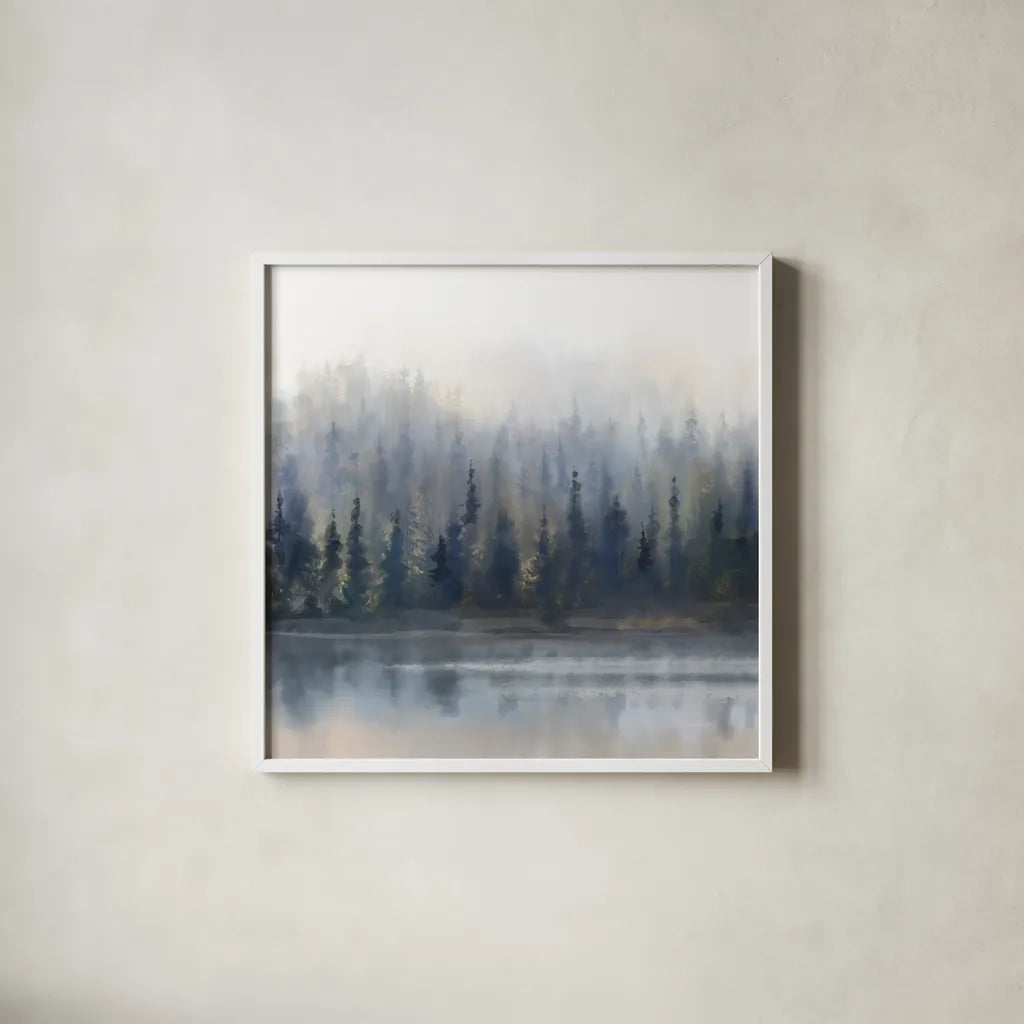 Misty Forest in Gray and Gold by Danhui Nai. Shown in a crisp white glass frame for a clean and minimalist style. Available as an archival giclee rolled canvas, fine art paper, or poster print. SKU 88416a.