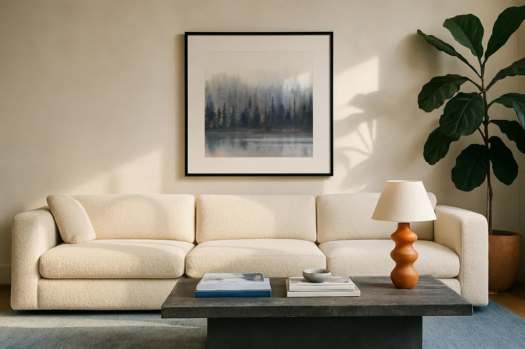 Misty Forest in Gray and Gold by Danhui Nai. Displayed in a glass frame with matte in a clean modern living room. Available as an archival giclee rolled canvas, fine art paper, or poster print. SKU 88416a.