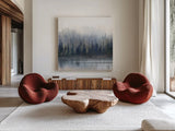 Misty Forest in Gray and Gold by Danhui Nai. Shown as extra-large giant wall art in a modern living room. Available as an archival giclee rolled canvas, fine art paper, or poster print. SKU 88416a.