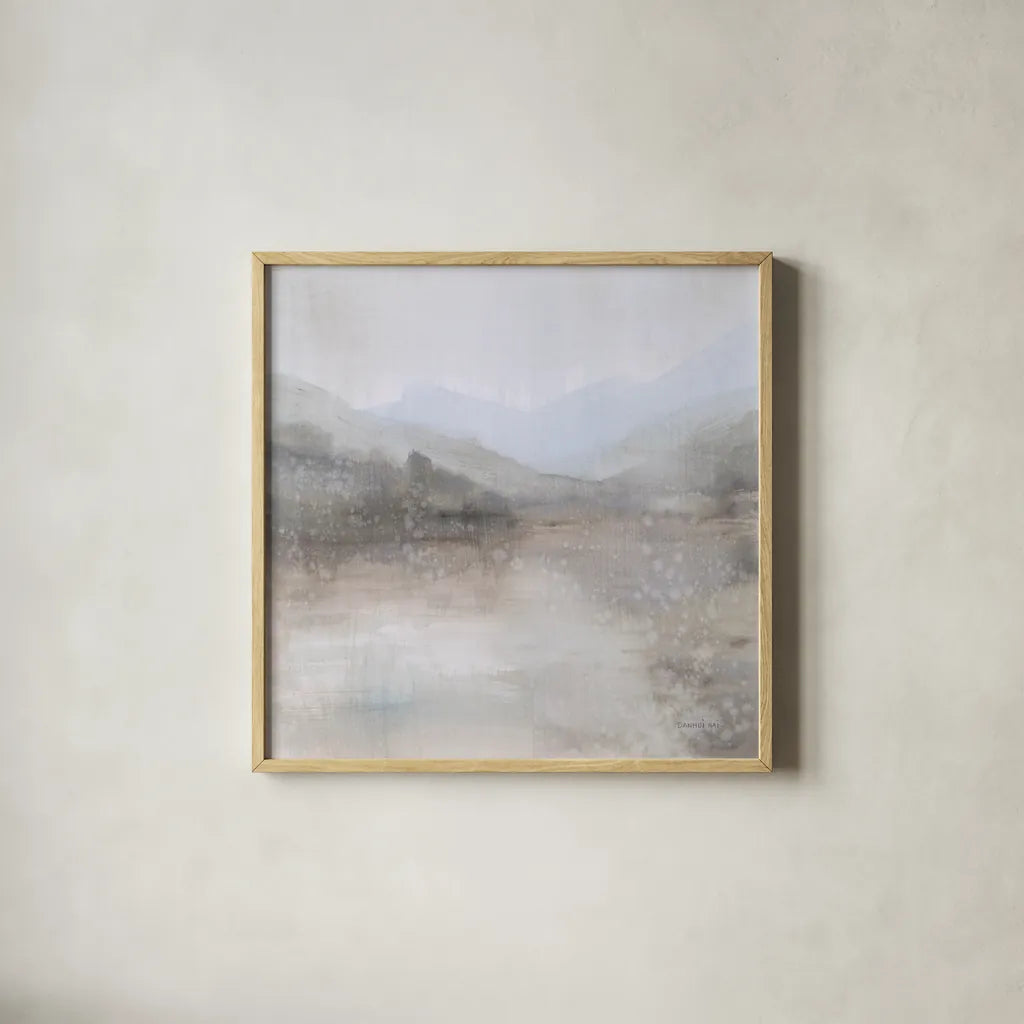 Misty Mood by Danhui Nai. Shown in a natural wood glass frame for a timeless modern aesthetic. Available as an archival giclee rolled canvas, fine art paper, or poster print. SKU 83487a.
