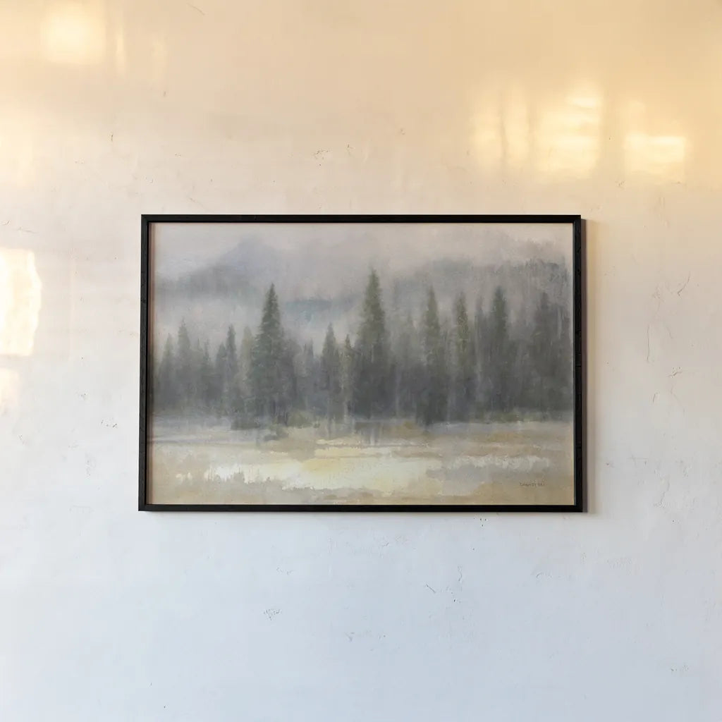 Misty Pines by Danhui Nai. shown as a paper print in a black flame. Available as a archival giclee rolled canvas, fine art paper, or poster print. SKU 70122i.
