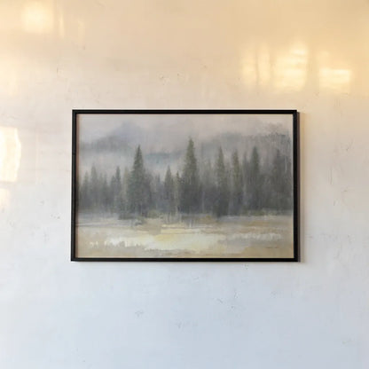 Misty Pines by Danhui Nai. shown as a paper print in a black flame. Available as a archival giclee rolled canvas, fine art paper, or poster print. SKU 70122i.
