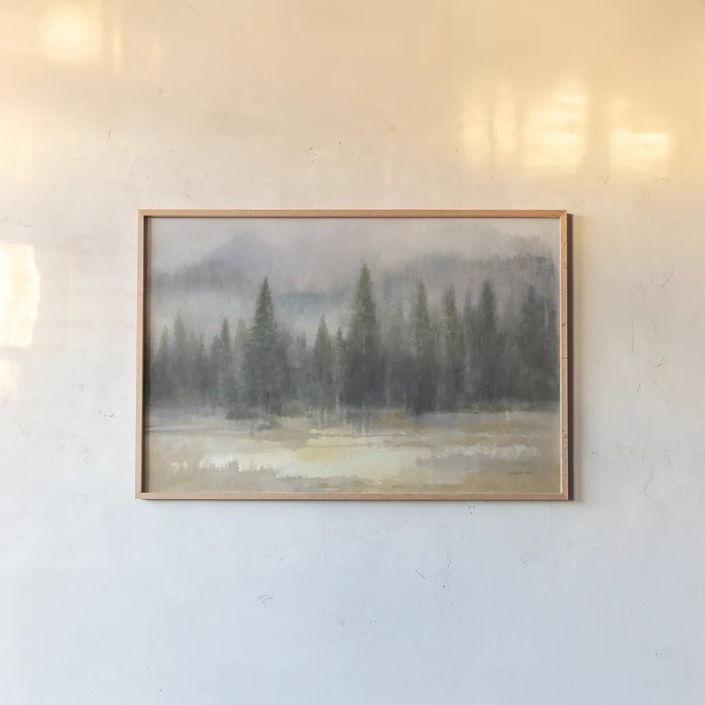 Misty Pines by Danhui Nai. shown as a paper print in a natural frame. Available as a archival giclee rolled canvas, fine art paper, or poster print. SKU 70122i.