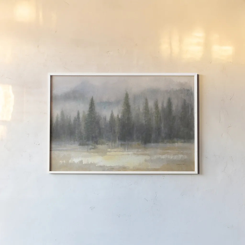 Misty Pines by Danhui Nai. shown as a paper print in a white frame. Available as a archival giclee rolled canvas, fine art paper, or poster print. SKU 70122i.