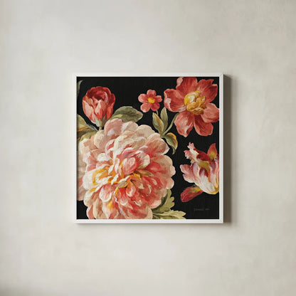 Mixed Floral IV Crop I by Danhui Nai. Shown in a crisp white glass frame for a clean and minimalist style. Available as an archival giclee rolled canvas, fine art paper, or poster print. SKU 13546a.