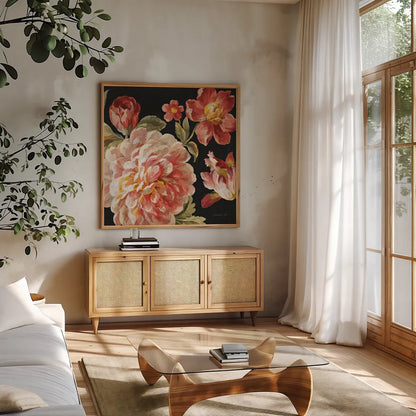 Mixed Floral IV Crop I by Danhui Nai. Shown in a natural wood frame in a cozy modern living room. Available as an archival giclee rolled canvas, fine art paper, or poster print. SKU 13546a.