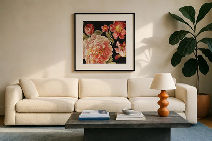 Mixed Floral IV Crop I by Danhui Nai. Displayed in a glass frame with matte in a clean modern living room. Available as an archival giclee rolled canvas, fine art paper, or poster print. SKU 13546a.