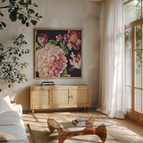 Mixed Floral IV Crop I Pastel by Danhui Nai. Shown in a natural wood frame in a cozy modern living room. Available as an archival giclee rolled canvas, fine art paper, or poster print. SKU 27971a.