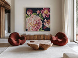 Mixed Floral IV Crop I Pastel by Danhui Nai. Shown as extra-large giant wall art in a modern living room. Available as an archival giclee rolled canvas, fine art paper, or poster print. SKU 27971a.