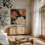 Mixed Floral IV Crop II by Danhui Nai. Shown in a natural wood frame in a cozy modern living room. Available as an archival giclee rolled canvas, fine art paper, or poster print. SKU 13547a.