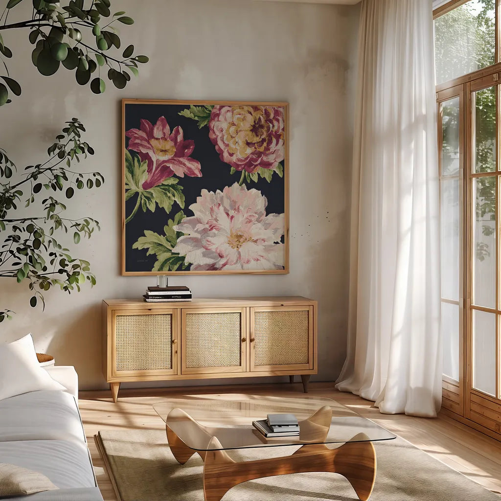 Mixed Floral IV Crop II Pastel by Danhui Nai. Shown in a natural wood frame in a cozy modern living room. Available as an archival giclee rolled canvas, fine art paper, or poster print. SKU 27972a.