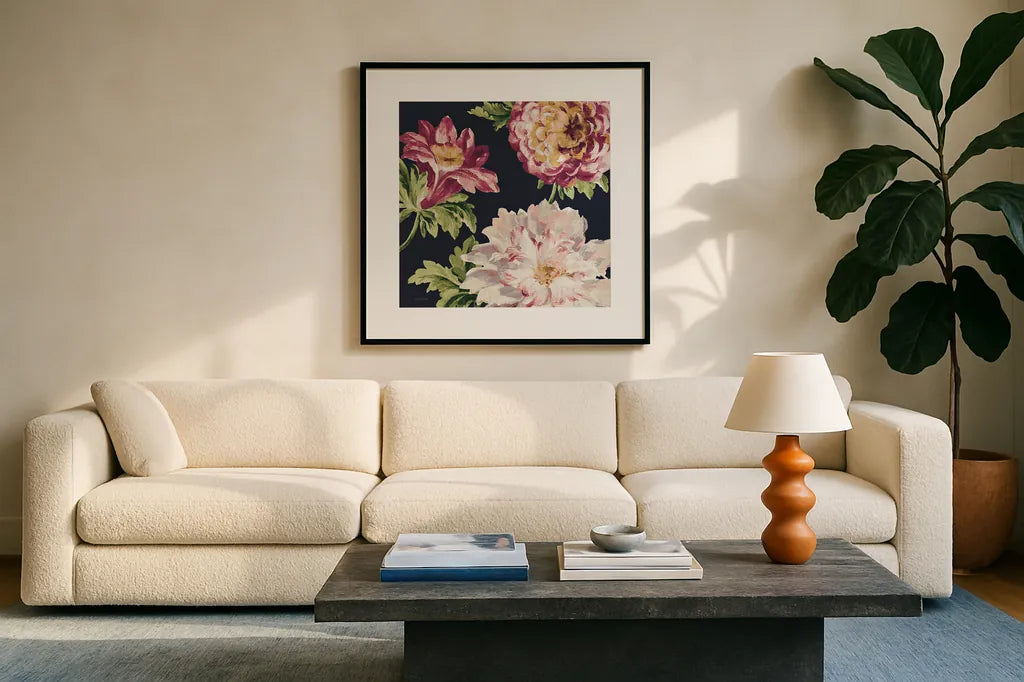 Mixed Floral IV Crop II Pastel by Danhui Nai. Displayed in a glass frame with matte in a clean modern living room. Available as an archival giclee rolled canvas, fine art paper, or poster print. SKU 27972a.