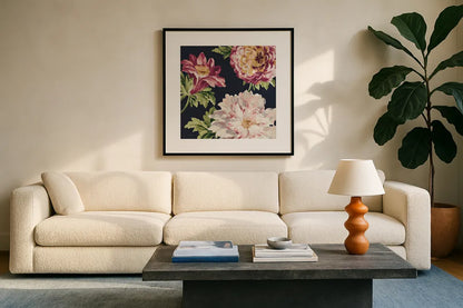 Mixed Floral IV Crop II Pastel by Danhui Nai. Displayed in a glass frame with matte in a clean modern living room. Available as an archival giclee rolled canvas, fine art paper, or poster print. SKU 27972a.