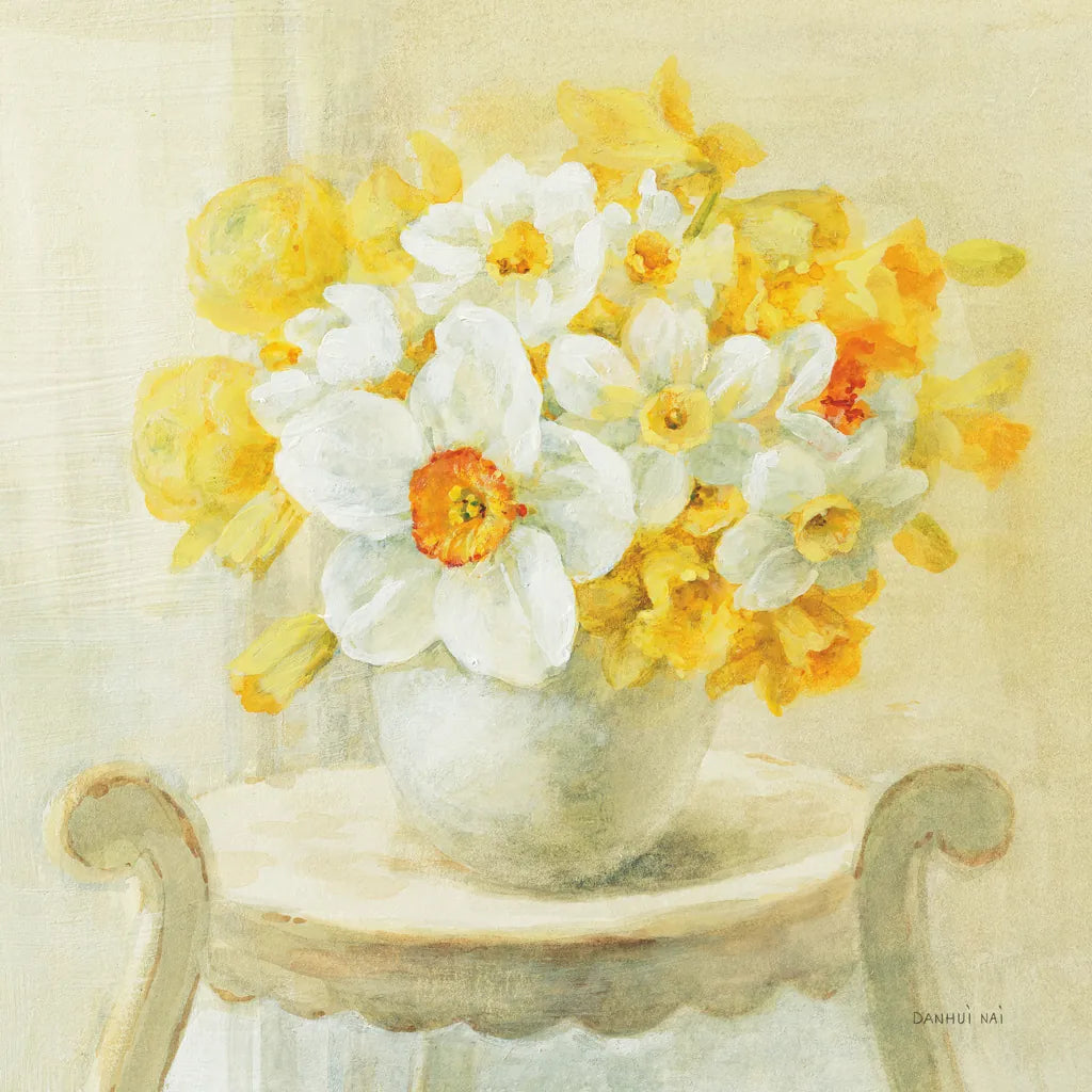 Mixed Narcissus on White by Danhui Nai. SKU 36564a. Archival Giclee Fine art print for wall decor.