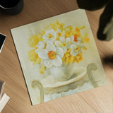 Mixed Narcissus on White by Danhui Nai. Shown as a detailed flat fine art print, highlighting archival giclee quality. Available as an archival giclee rolled canvas, fine art paper, or poster print. SKU 36564a.