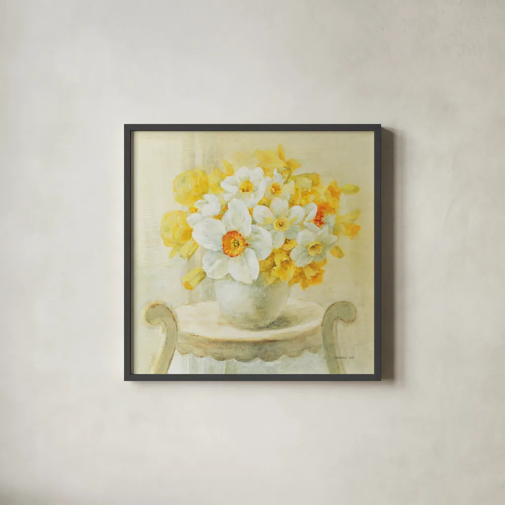 Mixed Narcissus on White by Danhui Nai. Shown in a sleek black glass frame for a contemporary gallery look. Available as an archival giclee rolled canvas, fine art paper, or poster print. SKU 36564a.
