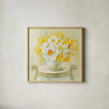 Mixed Narcissus on White by Danhui Nai. Shown in a natural wood glass frame for a timeless modern aesthetic. Available as an archival giclee rolled canvas, fine art paper, or poster print. SKU 36564a.