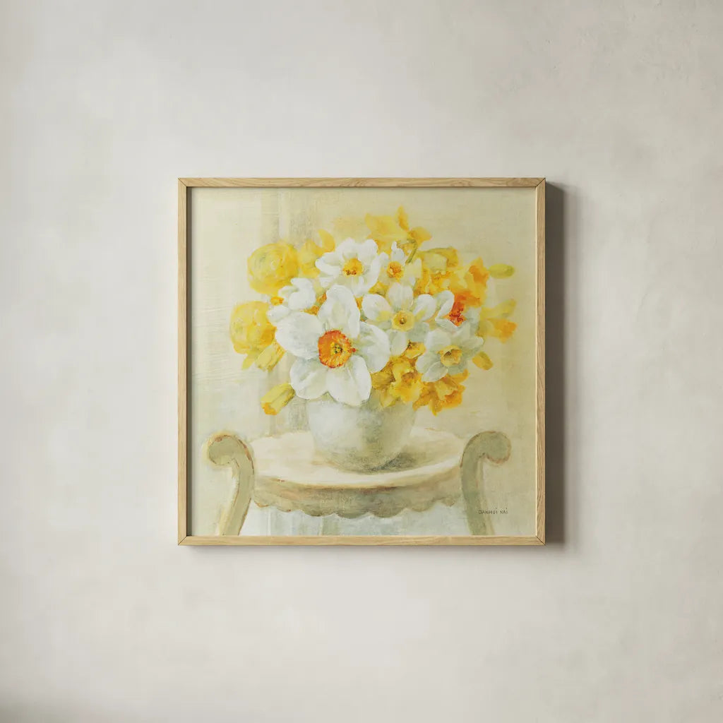 Mixed Narcissus on White by Danhui Nai. Shown in a natural wood glass frame for a timeless modern aesthetic. Available as an archival giclee rolled canvas, fine art paper, or poster print. SKU 36564a.