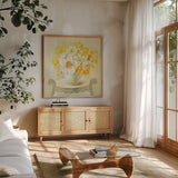 Mixed Narcissus on White by Danhui Nai. Shown in a natural wood frame in a cozy modern living room. Available as an archival giclee rolled canvas, fine art paper, or poster print. SKU 36564a.