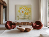 Mixed Narcissus on White by Danhui Nai. Shown as extra-large giant wall art in a modern living room. Available as an archival giclee rolled canvas, fine art paper, or poster print. SKU 36564a.