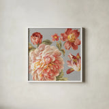 Mixed floral IV Crop I Gray I by Danhui Nai. Shown in a crisp white glass frame for a clean and minimalist style. Available as an archival giclee rolled canvas, fine art paper, or poster print. SKU 35573a.