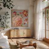 Mixed floral IV Crop I Gray I by Danhui Nai. Shown in a natural wood frame in a cozy modern living room. Available as an archival giclee rolled canvas, fine art paper, or poster print. SKU 35573a.