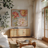 Mixed floral IV Crop II Gray II by Danhui Nai. Shown in a natural wood frame in a cozy modern living room. Available as an archival giclee rolled canvas, fine art paper, or poster print. SKU 35574a.