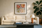 Mixed floral IV Crop II Gray II by Danhui Nai. Displayed in a glass frame with matte in a clean modern living room. Available as an archival giclee rolled canvas, fine art paper, or poster print. SKU 35574a.