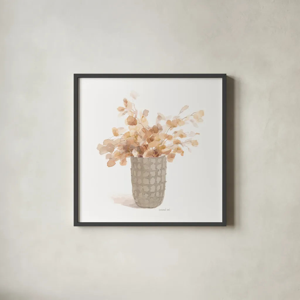 Modern Floral Boho I by Danhui Nai. Shown in a sleek black glass frame for a contemporary gallery look. Available as an archival giclee rolled canvas, fine art paper, or poster print. SKU 73229a.