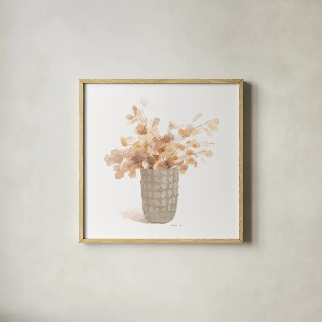 Modern Floral Boho I by Danhui Nai. Shown in a natural wood glass frame for a timeless modern aesthetic. Available as an archival giclee rolled canvas, fine art paper, or poster print. SKU 73229a.