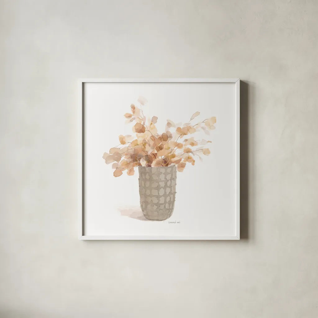 Modern Floral Boho I by Danhui Nai. Shown in a crisp white glass frame for a clean and minimalist style. Available as an archival giclee rolled canvas, fine art paper, or poster print. SKU 73229a.