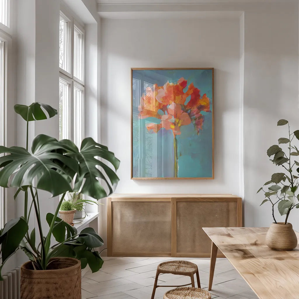 Modern Floral I by Danhui Nai. shown as a print in a natural wood frame in a dining room. Available as a archival giclee rolled canvas, fine art paper, or poster print. SKU 68227h.