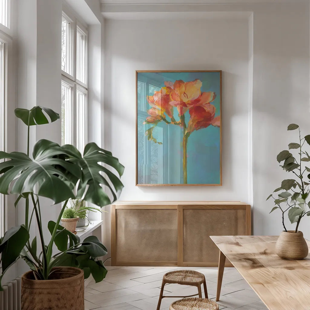 Modern Floral II by Danhui Nai. shown as a print in a natural wood frame in a dining room. Available as a archival giclee rolled canvas, fine art paper, or poster print. SKU 68228h.