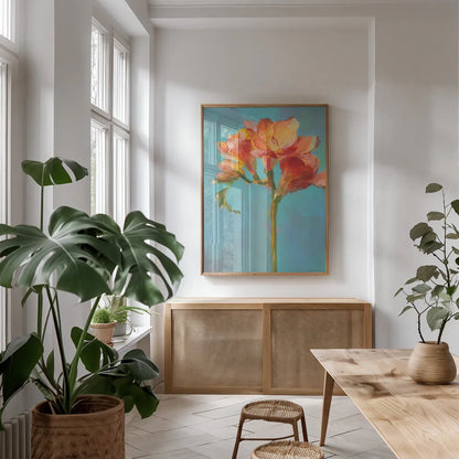 Modern Floral II by Danhui Nai. shown as a print in a natural wood frame in a dining room. Available as a archival giclee rolled canvas, fine art paper, or poster print. SKU 68228h.