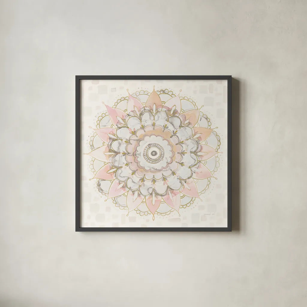Modern Mandala Square Champagne by Danhui Nai. Shown in a sleek black glass frame for a contemporary gallery look. Available as an archival giclee rolled canvas, fine art paper, or poster print. SKU 43003a.