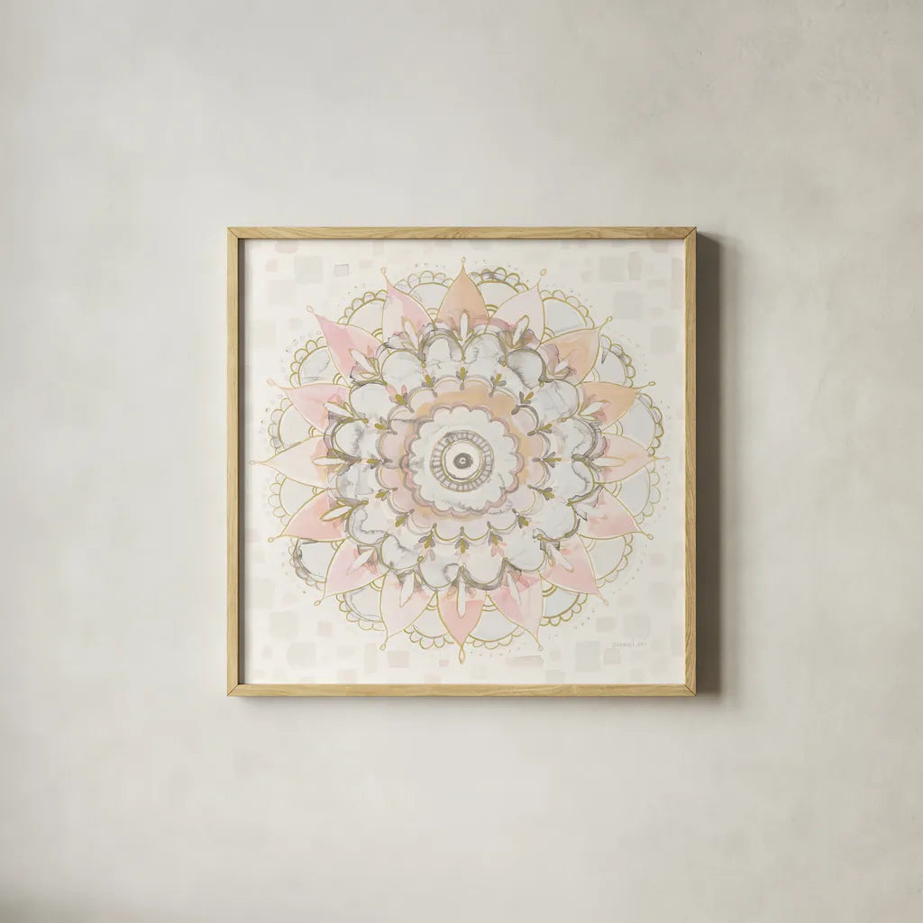 Modern Mandala Square Champagne by Danhui Nai. Shown in a natural wood glass frame for a timeless modern aesthetic. Available as an archival giclee rolled canvas, fine art paper, or poster print. SKU 43003a.