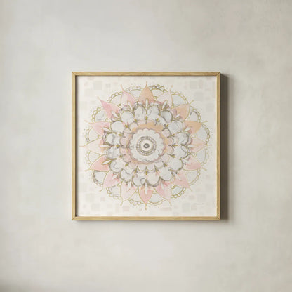 Modern Mandala Square Champagne by Danhui Nai. Shown in a natural wood glass frame for a timeless modern aesthetic. Available as an archival giclee rolled canvas, fine art paper, or poster print. SKU 43003a.