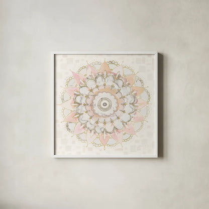 Modern Mandala Square Champagne by Danhui Nai. Shown in a crisp white glass frame for a clean and minimalist style. Available as an archival giclee rolled canvas, fine art paper, or poster print. SKU 43003a.