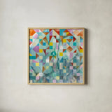 Modern Patchwork by Danhui Nai. Shown in a natural wood glass frame for a timeless modern aesthetic. Available as an archival giclee rolled canvas, fine art paper, or poster print. SKU 36017a.