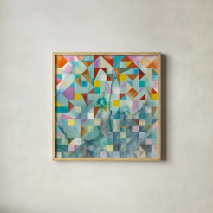 Modern Patchwork by Danhui Nai. Shown in a natural wood glass frame for a timeless modern aesthetic. Available as an archival giclee rolled canvas, fine art paper, or poster print. SKU 36017a.